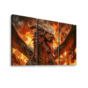 Three-panel canvas wall art showing a dramatic fiery dragon with wings spread, set against a white background.