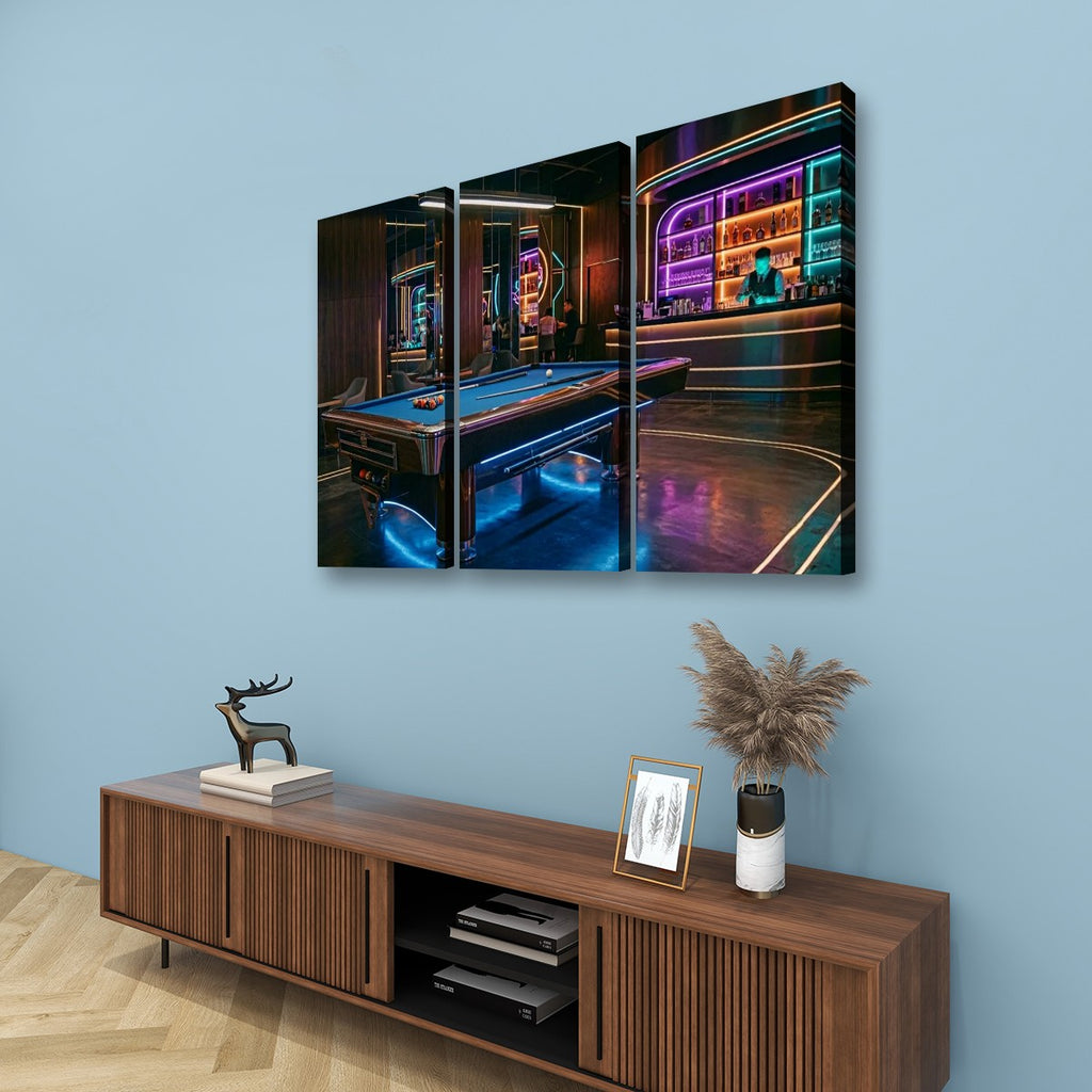 Billiards Pool Lounge Neon Lights Bar — 1, 3, 5-Panel Level Canvas Wall Art