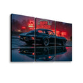 Three-panel canvas wall art showing a black 1963 Split Window Chevy Corvette parked in front of a glowing red 'Biff Burger' neon sign at night, with the car reflected on wet pavement. The artwork is presented against a clean white background.
