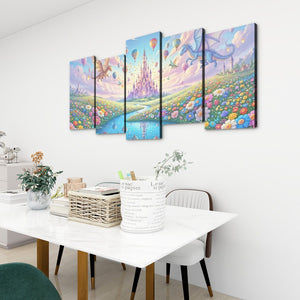 A 4-panel canvas wall art set depicting a whimsical fantasy landscape with a castle, colorful flowers, hot air balloons, and dragons, displayed on a white wall above a dining table in a modern room setting.