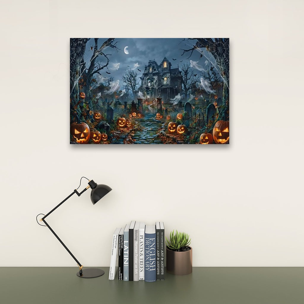 Halloween Haunted House Pumpkins & Moon — 5-Panel Level Canvas Wall Art