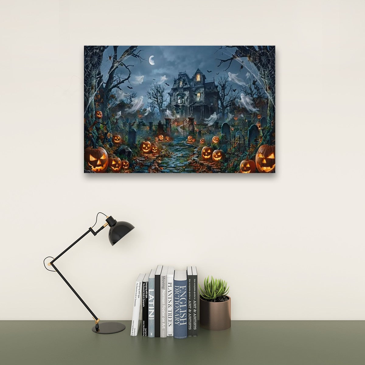 Halloween Haunted House Pumpkins & Moon — 5-Panel Level Canvas Wall Art