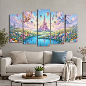 Magical Castle Hot Air Balloons & Dragons Canvas Wall Art | 1, 3 & 5 Panel Kids Fantasy Print