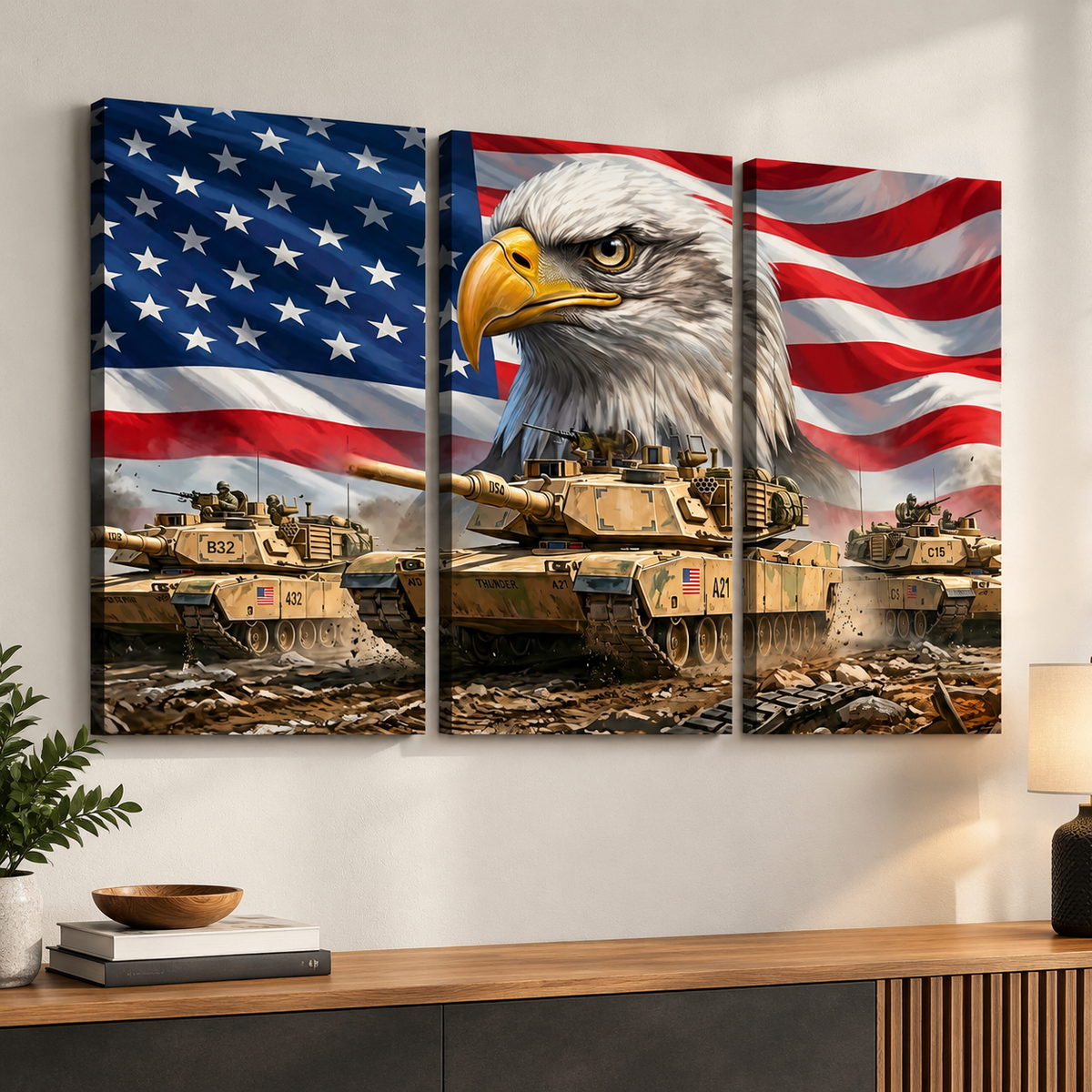 US American Flag Bald Eagle Army Tanks Military Split Canvas Panel Wall Art 1, 3, 5 Panel