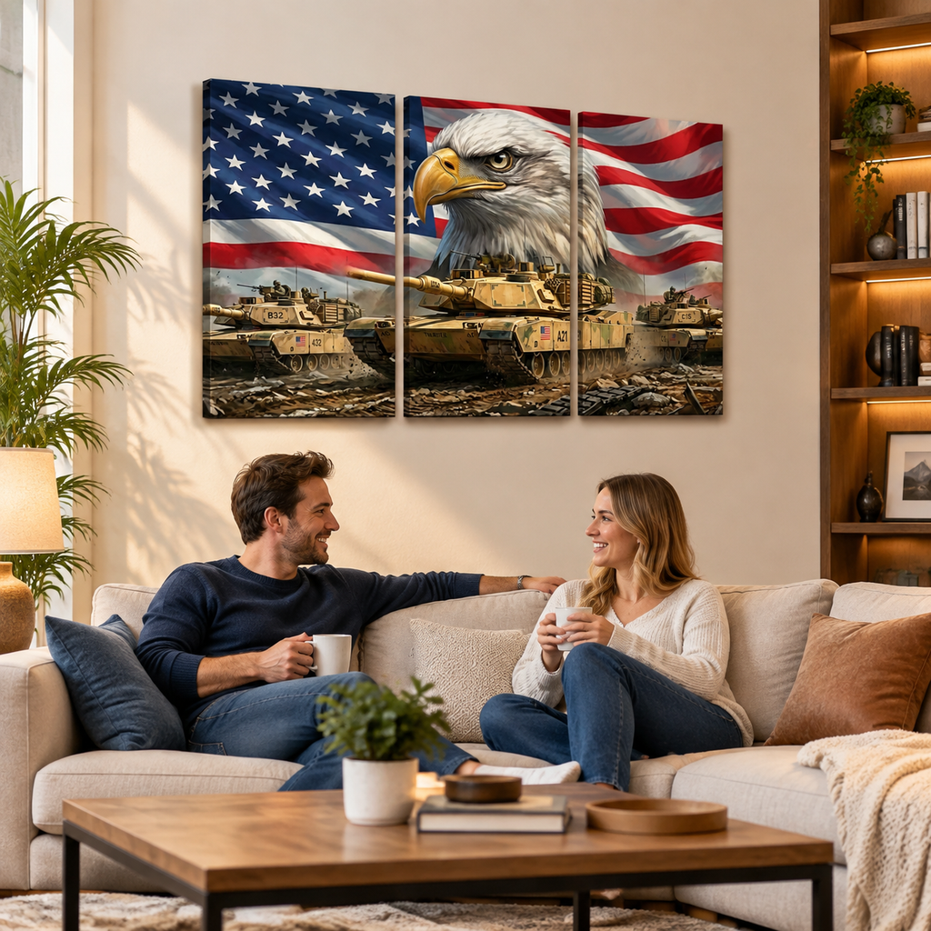 US American Flag Bald Eagle Army Tanks Military Split Canvas Panel Wall Art 1, 3, 5 Panel