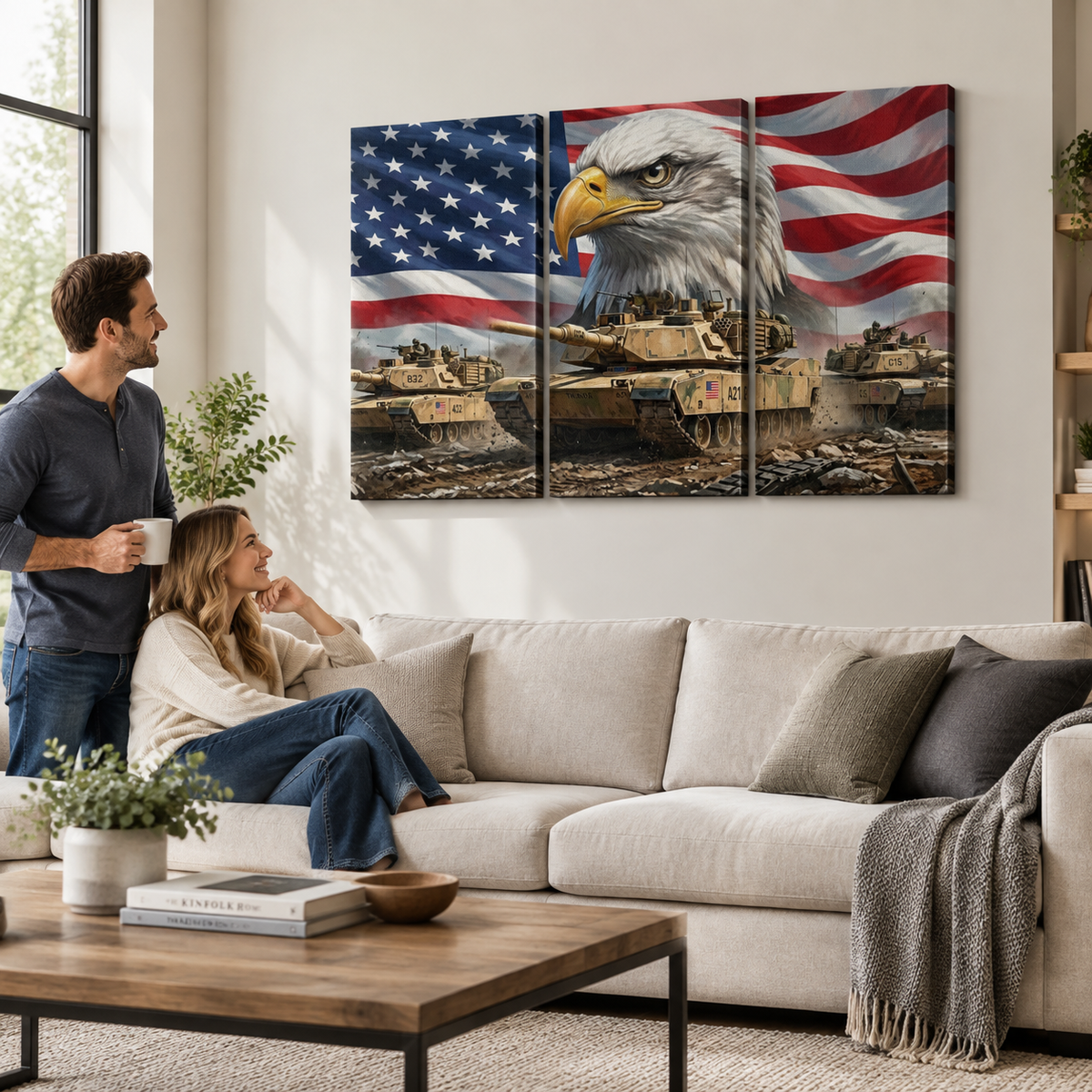 US American Flag Bald Eagle Army Tanks Military Split Canvas Panel Wall Art 1, 3, 5 Panel