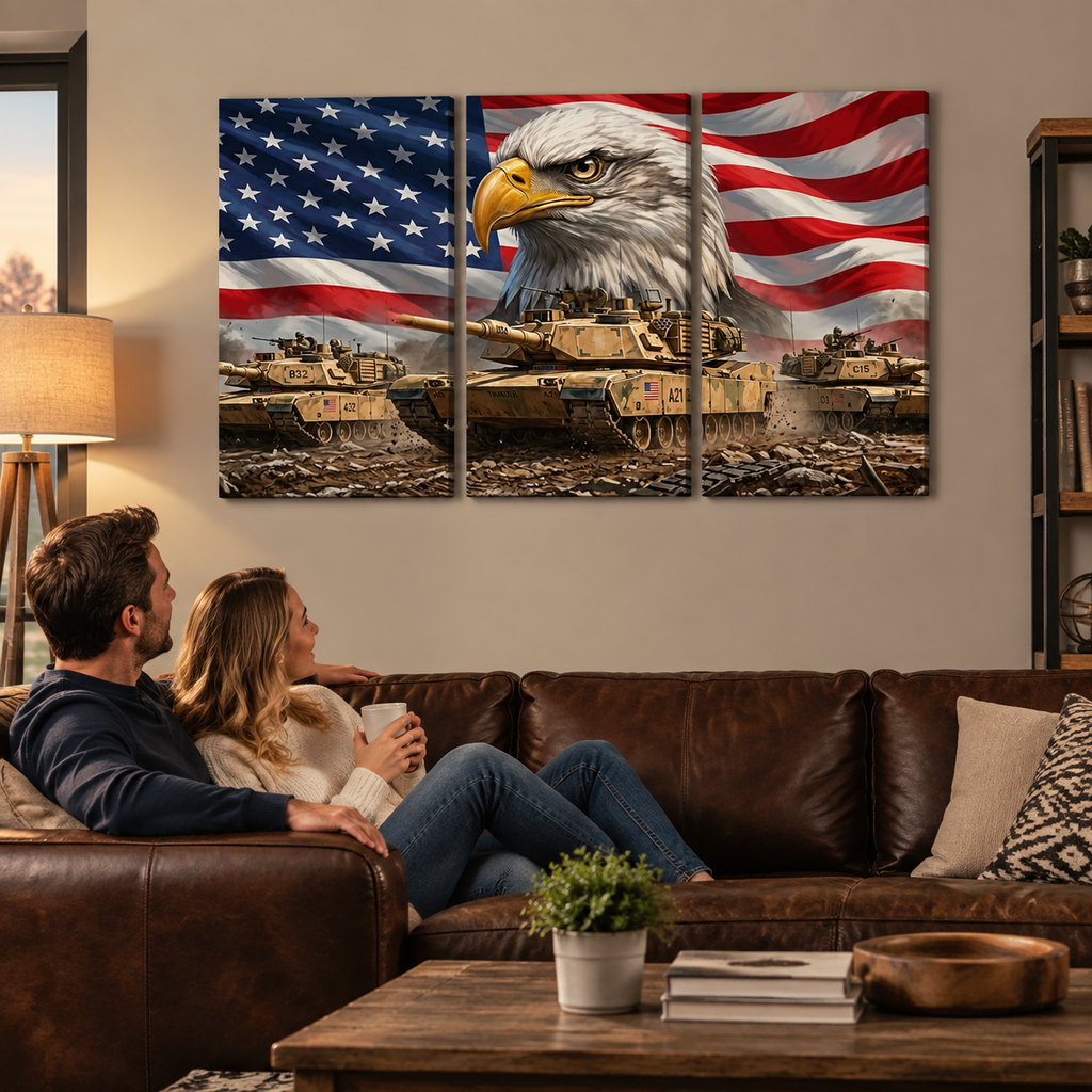 US American Flag Bald Eagle Army Tanks Military Split Canvas Panel Wall Art 1, 3, 5 Panel