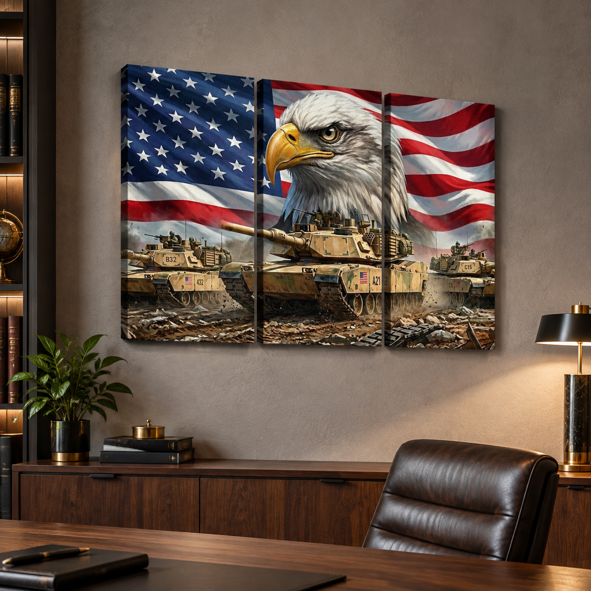 US American Flag Bald Eagle Army Tanks Military Split Canvas Panel Wall Art 1, 3, 5 Panel
