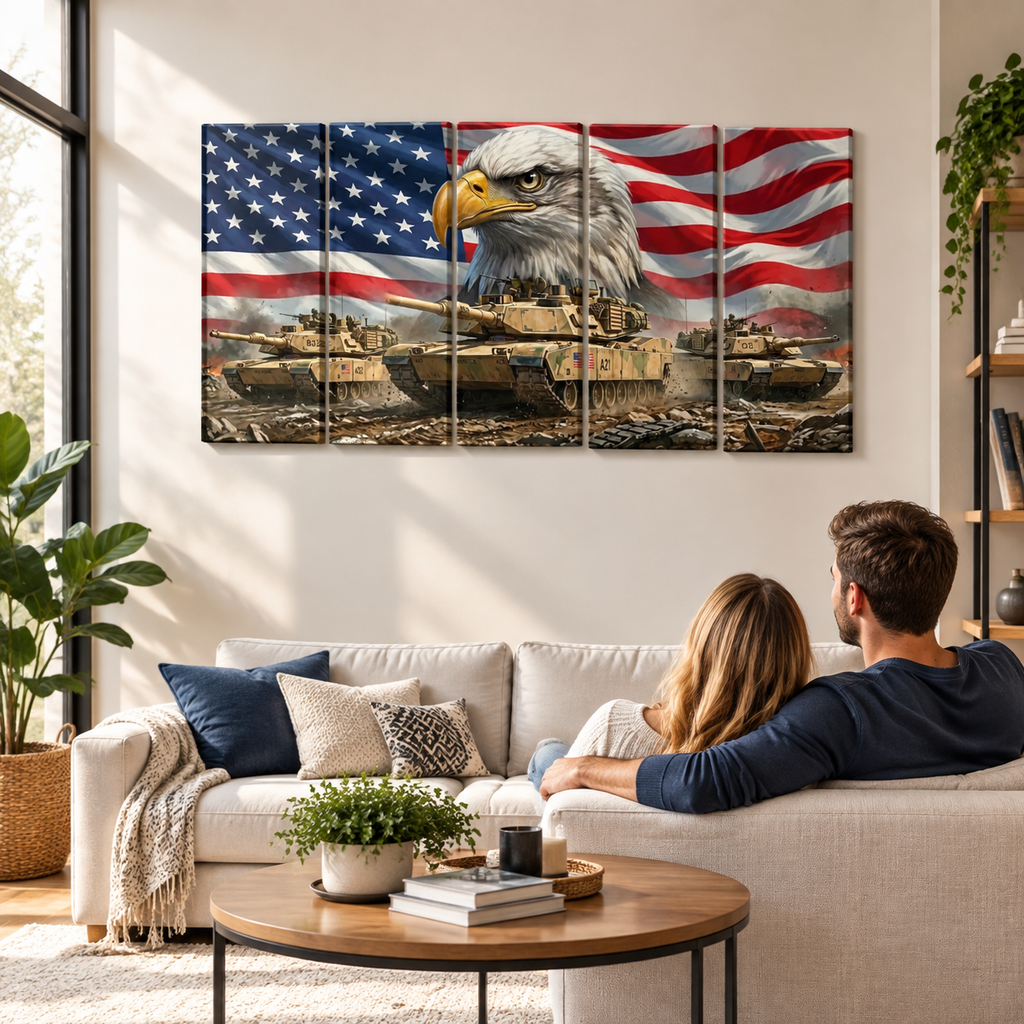 US American Flag Bald Eagle Army Tanks Military Split Canvas Panel Wall Art 1, 3, 5 Panel