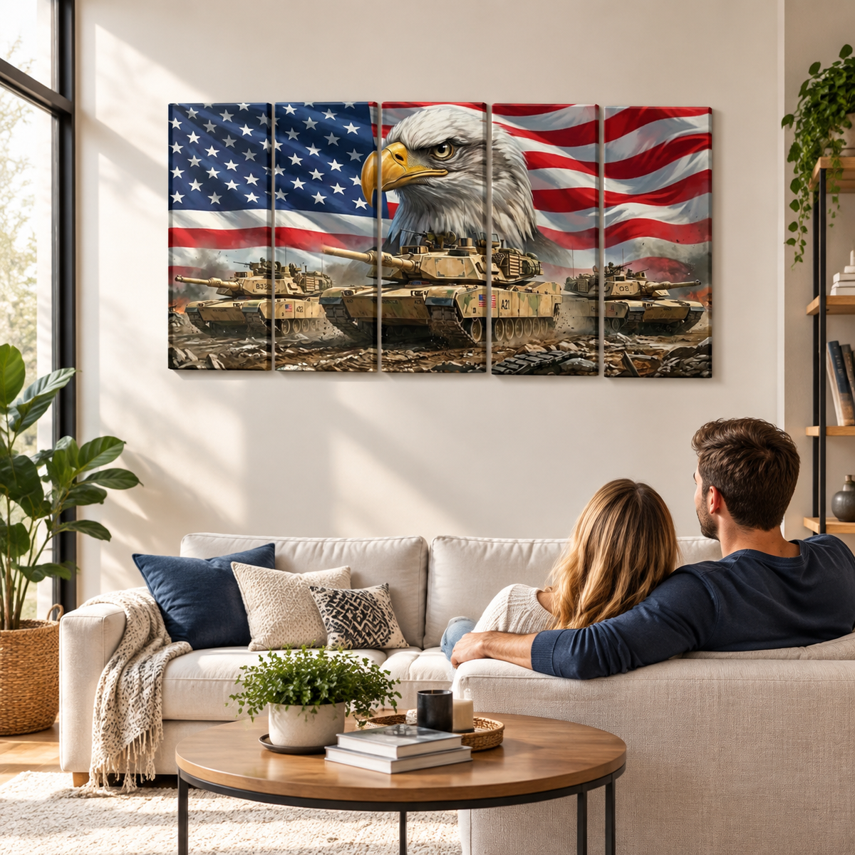 US American Flag Bald Eagle Army Tanks Military Split Canvas Panel Wall Art 1, 3, 5 Panel