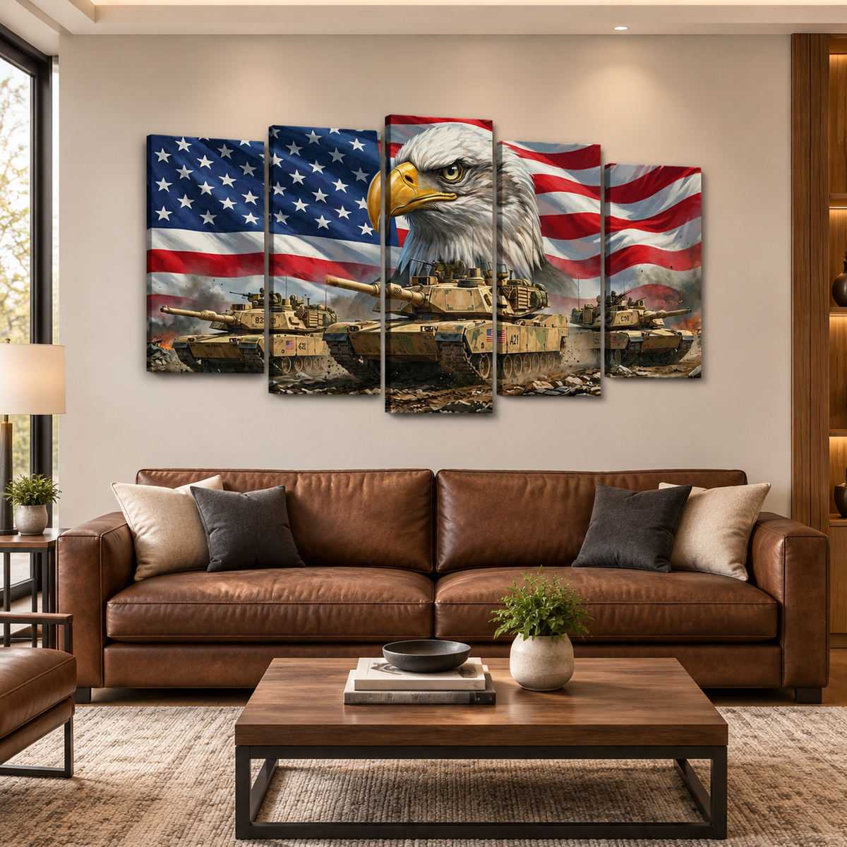US American Flag Bald Eagle Army Tanks Military Split Canvas Panel Wall Art 1, 3, 5 Panel