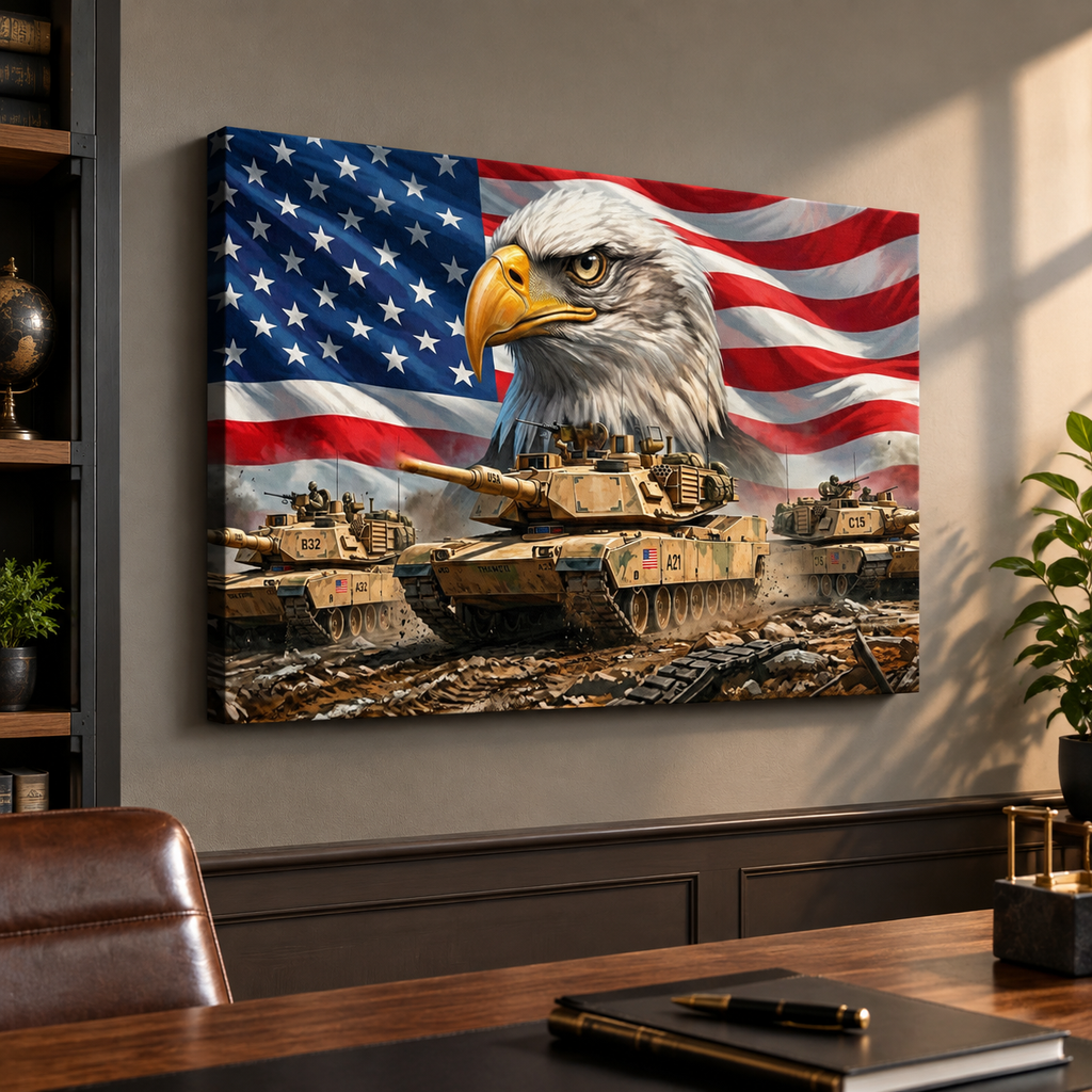 US American Flag Bald Eagle Army Tanks Military Split Canvas Panel Wall Art 1, 3, 5 Panel