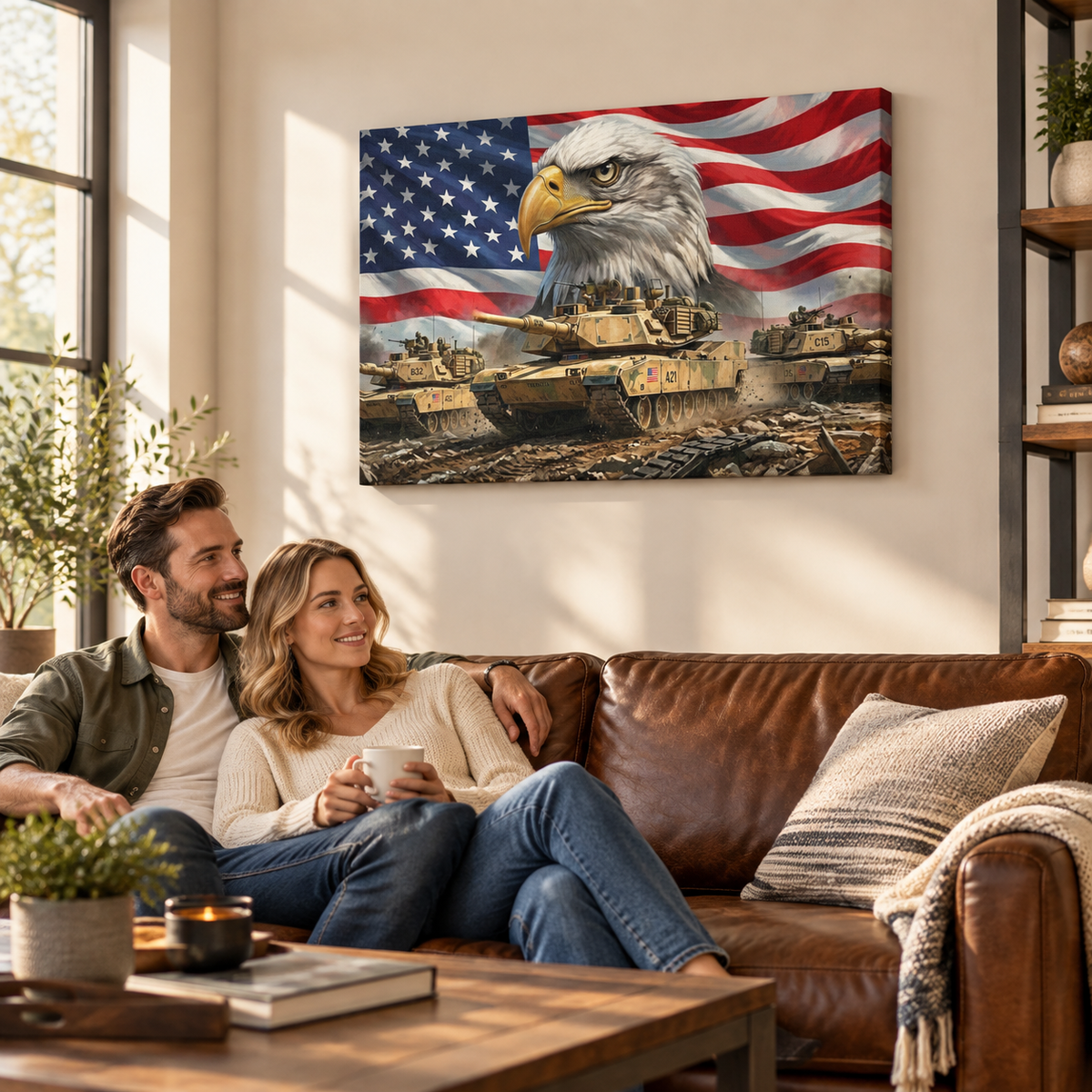 US American Flag Bald Eagle Army Tanks Military Split Canvas Panel Wall Art 1, 3, 5 Panel