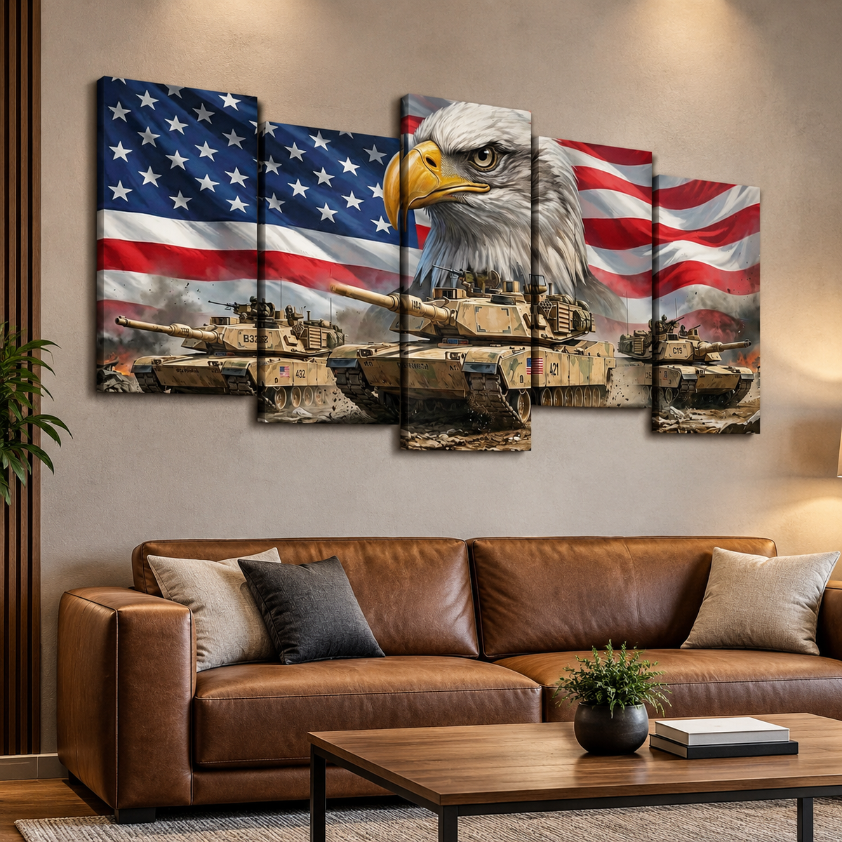 US American Flag Bald Eagle Army Tanks Military Split Canvas Panel Wall Art 1, 3, 5 Panel