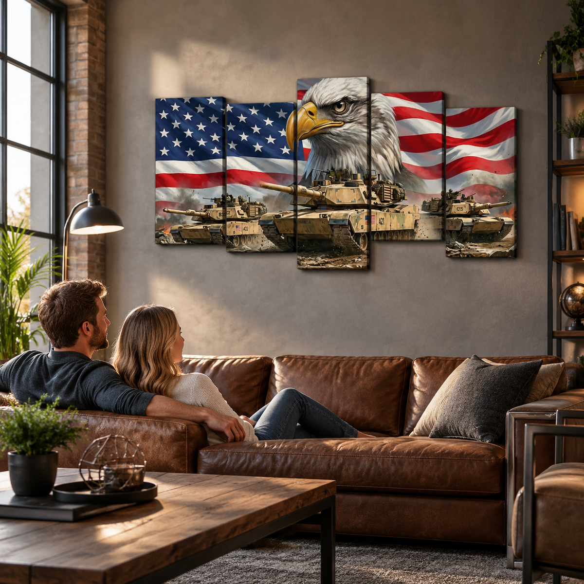 US American Flag Bald Eagle Army Tanks Military Split Canvas Panel Wall Art 1, 3, 5 Panel