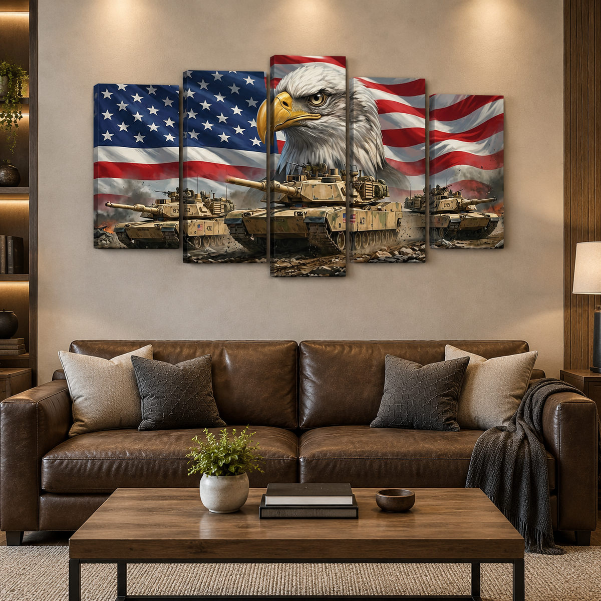 A 5-panel canvas wall art set depicting a bald eagle over military tanks against a U.S.