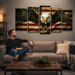 Vintage Eagle Flag Canvas Wall Art – Patriotic American Bald Eagle | 1, 3 & 5 Panel Staggered Print