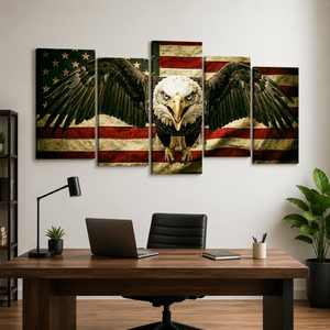 Vintage Eagle Flag Canvas Wall Art – Patriotic American Bald Eagle | 1, 3 & 5 Panel Staggered Print