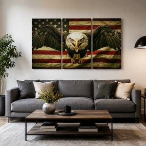 Vintage Eagle Flag Canvas Wall Art – Patriotic American Bald Eagle | 1, 3 & 5 Panel Staggered Print