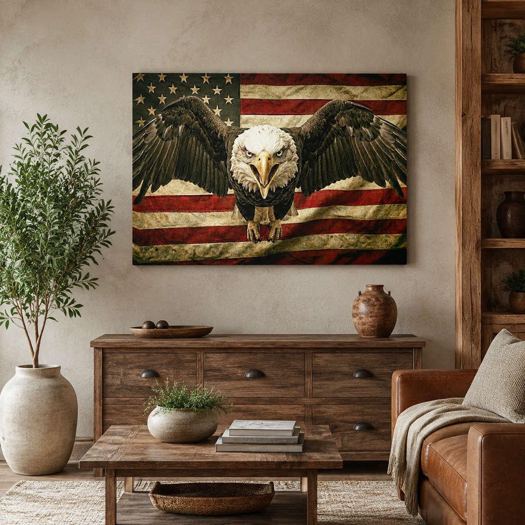 Vintage Eagle Flag Canvas Wall Art – Patriotic American Bald Eagle | 1, 3 & 5 Panel Staggered Print