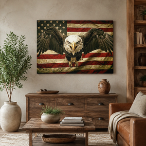 Vintage Eagle Flag Canvas Wall Art – Patriotic American Bald Eagle | 1, 3 & 5 Panel Staggered Print
