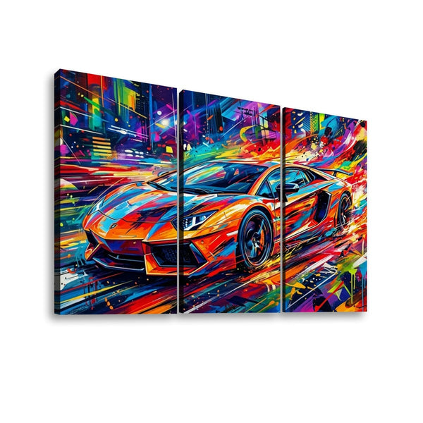A three-panel canvas wall art set featuring a vibrant, colorful abstract depiction of a sports car in motion against a neon city background, shown on a plain white wall.