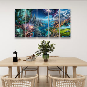 A 4-panel canvas wall art set depicting a vibrant fantasy landscape with water, mountains, and futuristic structures, displayed on a white wall above a dining table with chairs and a vase.