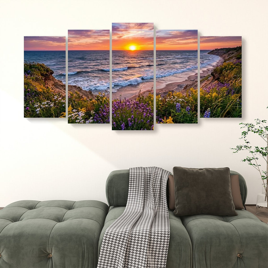 Lake Michigan Bluff at Sunset with Lavender Flowers  – 1, 3, 5-Panel Split Canvas Wall Art