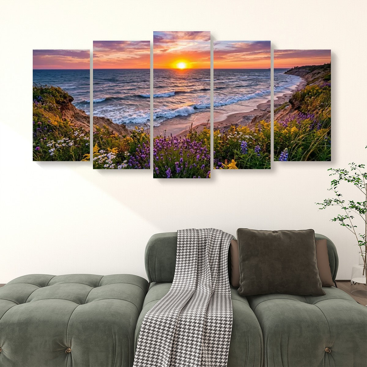 Lake Michigan Bluff at Sunset with Lavender Flowers  – 1, 3, 5-Panel Split Canvas Wall Art