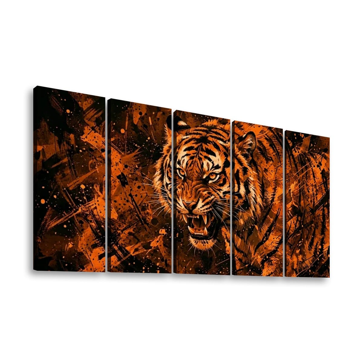 A five-panel canvas wall art set depicting a roaring tiger in orange, black, and brown tones against an abstract painted background, shown on a white wall.