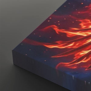 A close-up of a rectangular canvas or print showing a dramatic abstract scene of glowing orange and red flames against a dark blue and purple background with small light specks, photographed on a dark gray surface.