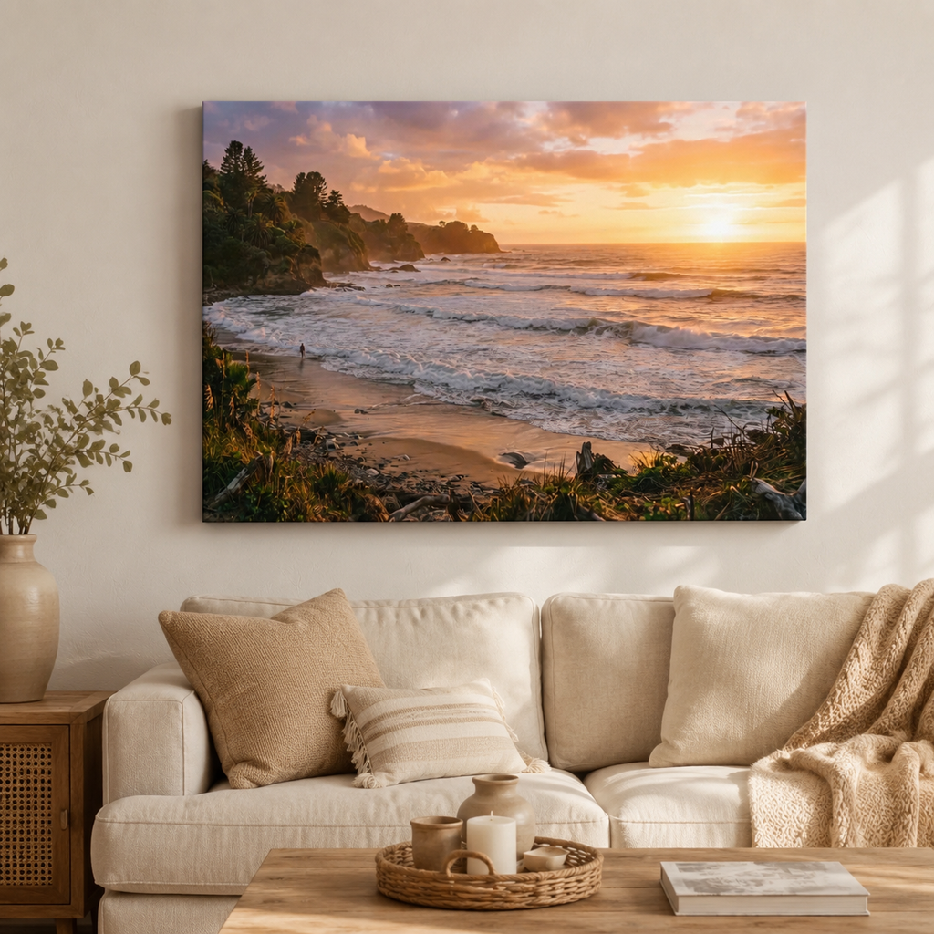A large rectangular wall art print showing a beach and ocean sunset hangs above a cream sofa in a styled living room. The print depicts golden sunlight over waves, dark rocky cliffs, and sandy shore, with warm orange, yellow, blue, and brown tones.