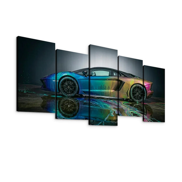 A five-panel canvas wall art set depicting a colorful Lamborghini Aventador sports car with a rainbow gradient body, shown against a dark reflective studio background.