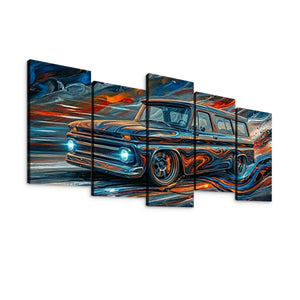 A five-panel canvas wall art set depicting a stylized, swirling abstract 1966 Chevy Suburban Carryall  in vivid blue, orange, black, and white tones, shown against a plain white background.