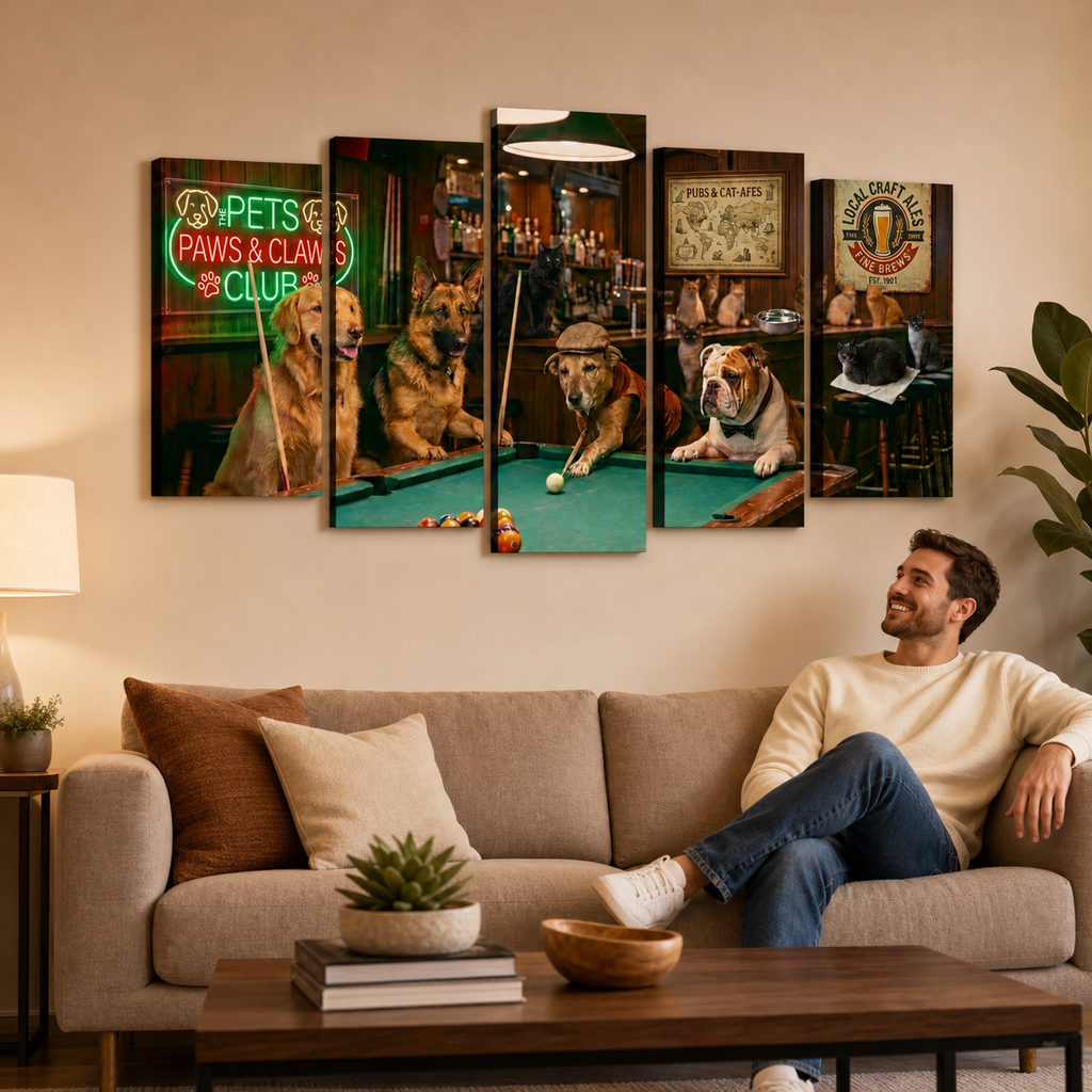 A 5-panel canvas wall art set depicting dogs playing pool in a bar, displayed on a beige wall above a living room sofa with a man sitting and looking at the artwork.