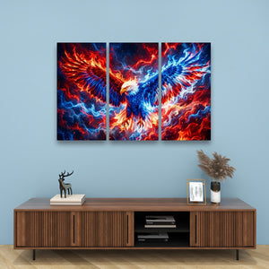 A three-panel canvas wall art set depicting a dramatic fiery eagle with red, orange, and blue flames, displayed on a light blue wall above a wooden console table.