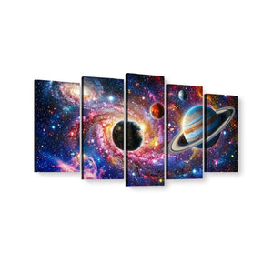 A 5-panel canvas wall art set depicting a colorful outer space scene with planets, stars, and nebulae on a white background.