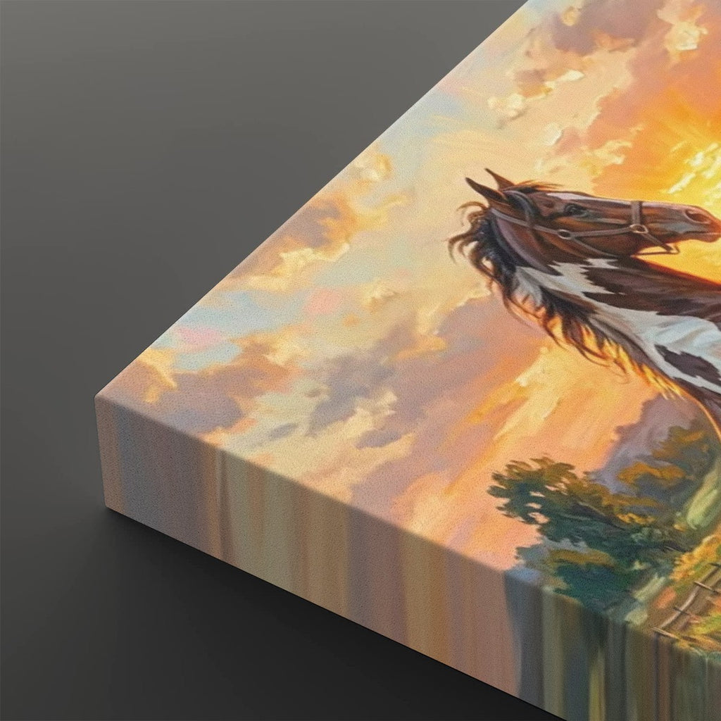 A square canvas print showing a painted scene of a brown and white horse against a warm sunset sky, photographed at an angle on a dark gray background.