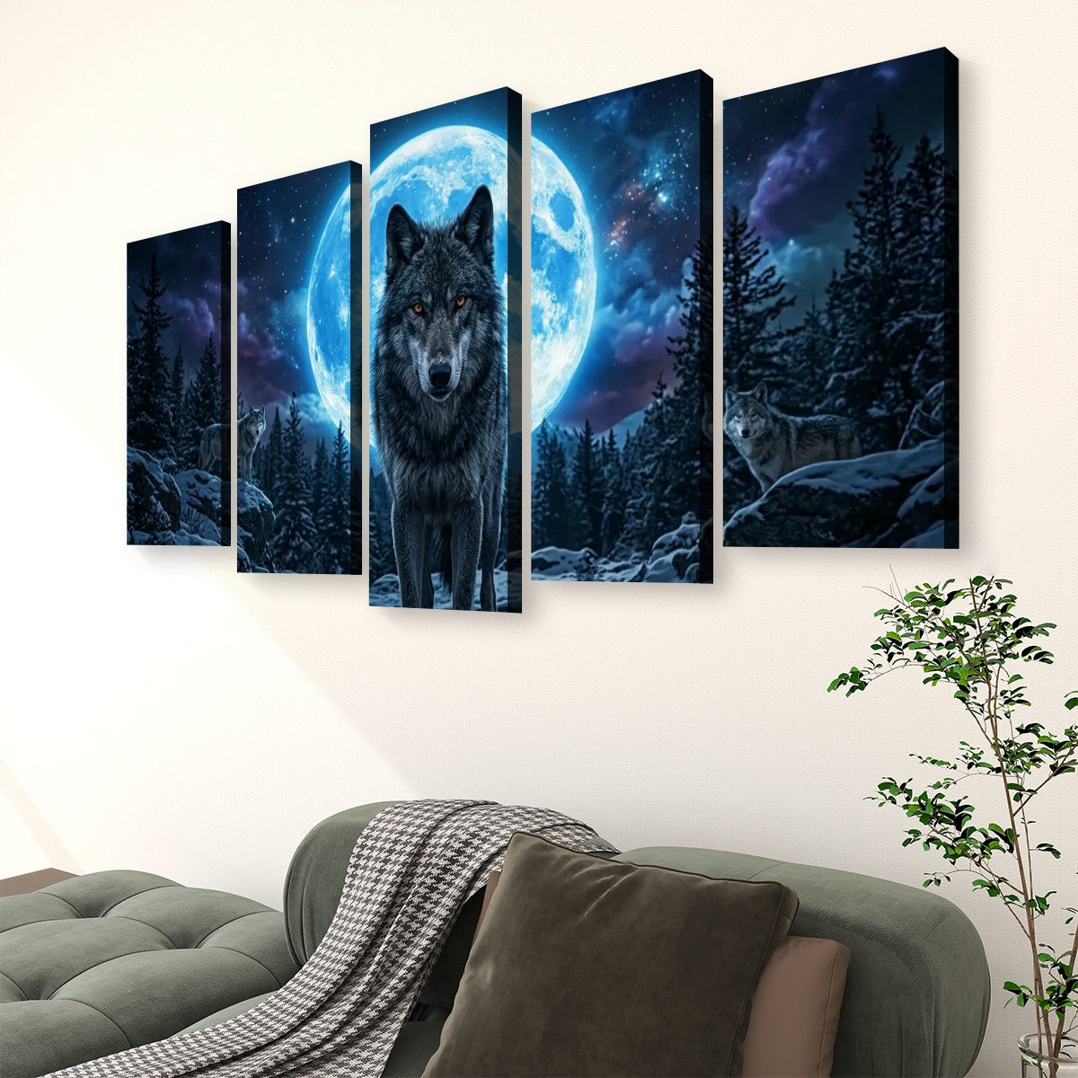 Howling Wolves with Blue Moon — 5-Panel Canvas Wall Art