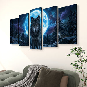 Howling Wolves with Blue Moon — 5-Panel Canvas Wall Art