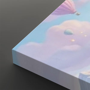 A close-up of a canvas print showing a pastel sky scene with soft clouds, a pink hot air balloon, and a small blue-green balloon, photographed against a dark gray background.