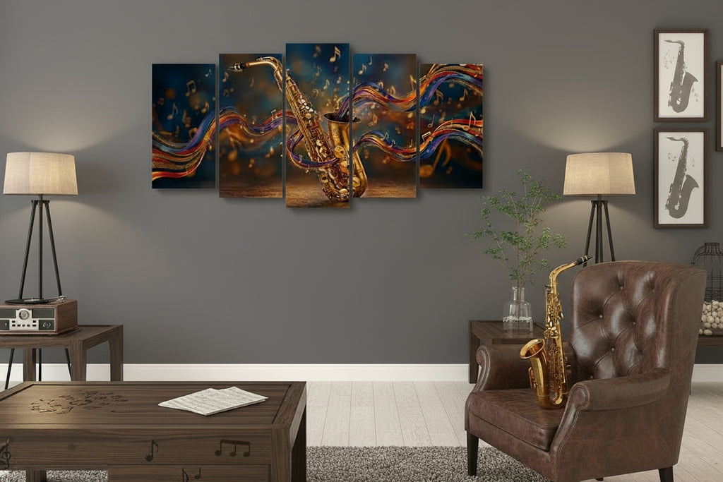 A 5-panel canvas wall art set depicting a golden saxophone with colorful flowing musical notes.