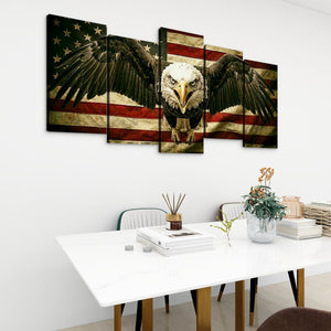 A five-panel canvas wall art set depicting a bald eagle with spread wings over a distressed American flag, displayed on a white wall above a dining table in a modern room setting.