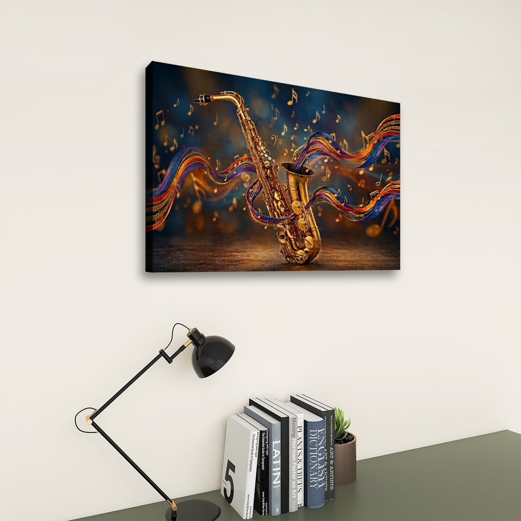 A square wall art print showing a golden saxophone with colorful flowing ribbon-like musical notes against a dark blue background, displayed above a desk with a black lamp and books in a styled interior setting.