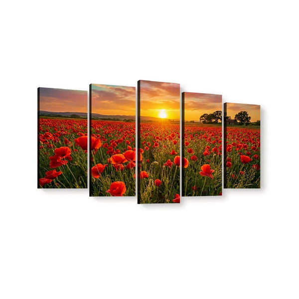 Golden Hour Poppy Field Canvas Wall Art – Fields of Fire | 5-Panel Level Nature Landscape Print