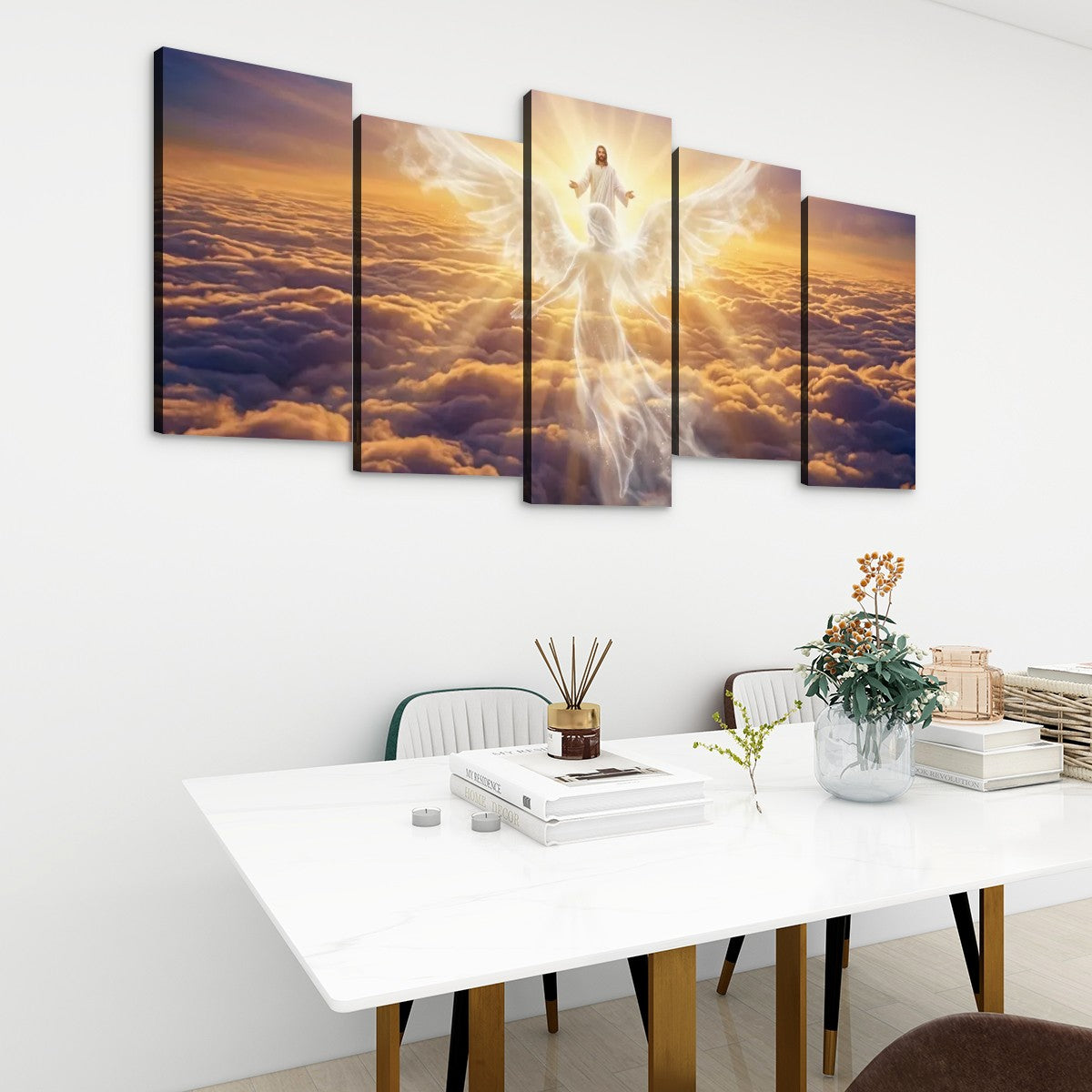 Jesus & Angel Heaven Golden Hour Above the Clouds Canvas Wall Art