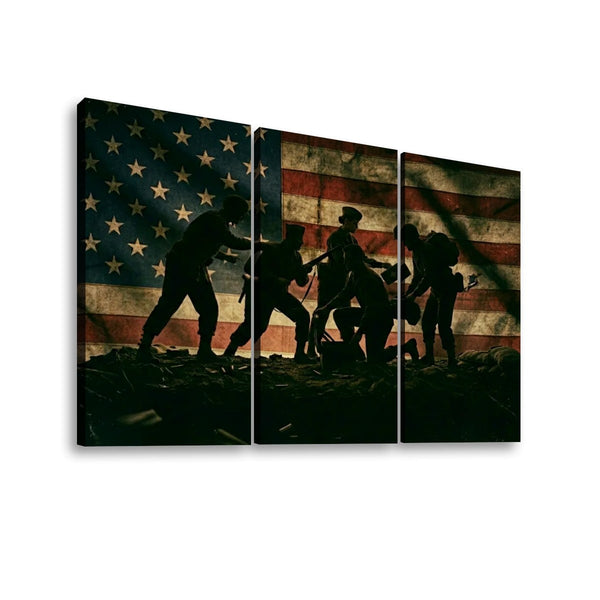 Three-panel canvas wall art showing silhouetted figures in front of a distressed American flag, displayed against a plain white background.