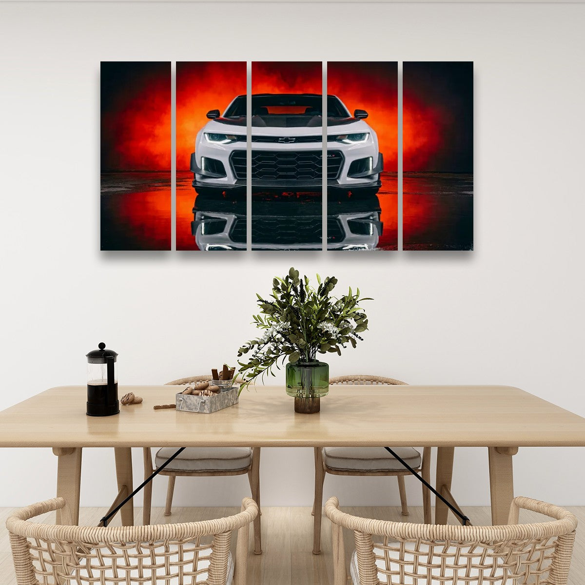 White Camaro Muscle Car Black Hood Red Glow Canvas Wall Art