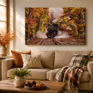 A large rectangular wall art print showing a steam locomotive traveling through an autumn forest, displayed above a beige sofa in a styled living room with pillows, a throw blanket, and a coffee table.