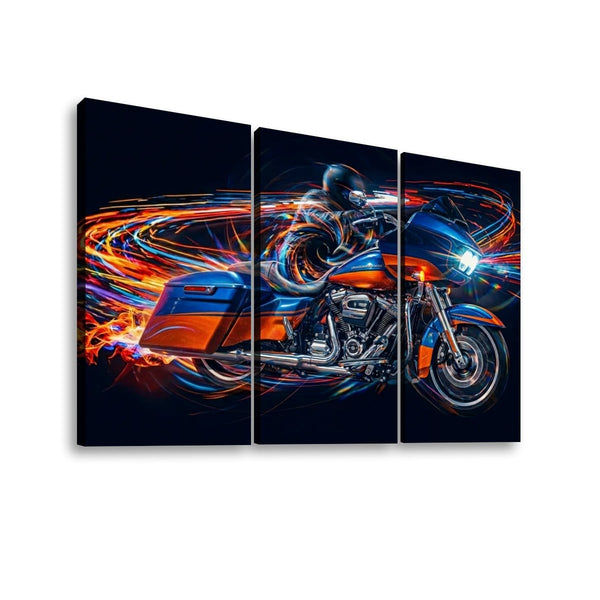 A three-panel canvas wall art print depicting a blue and orange Road Glide type motorcycle with a rider, surrounded by glowing neon light trails in orange, yellow, and white against a dark background.